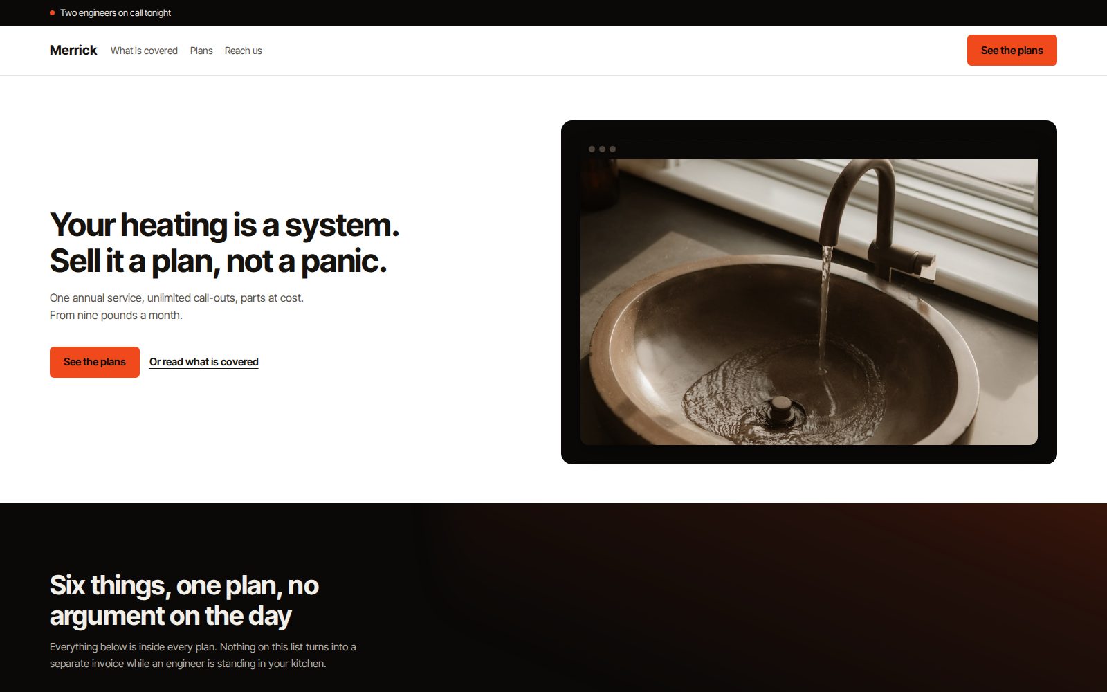 The redesign: a light page with a headline, a photograph in a dark frame, and a status line reading two engineers on call tonight.